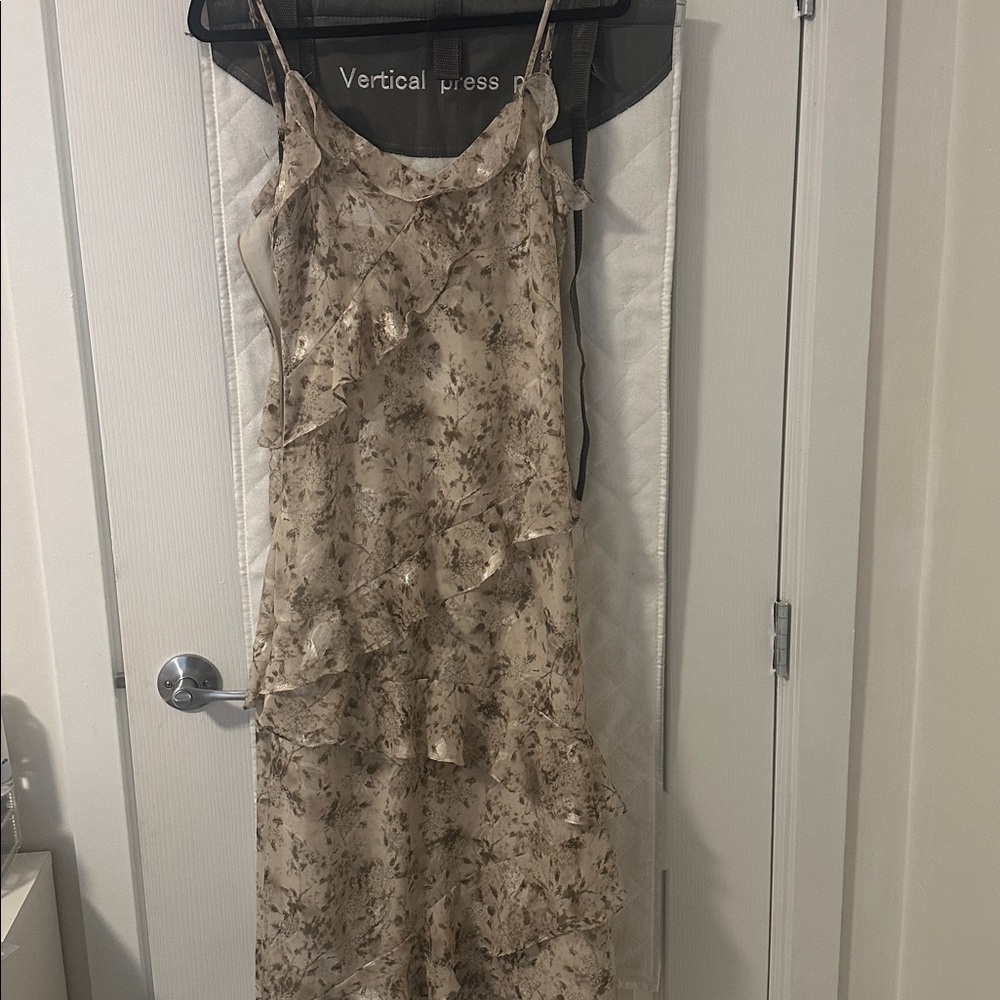 Couturist Shiny Floral Pattern Ruffle Maxi Cami Dress